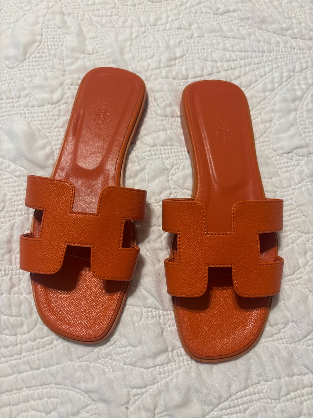 Hermes Orange Enamel Oran Leather Slide Sandals